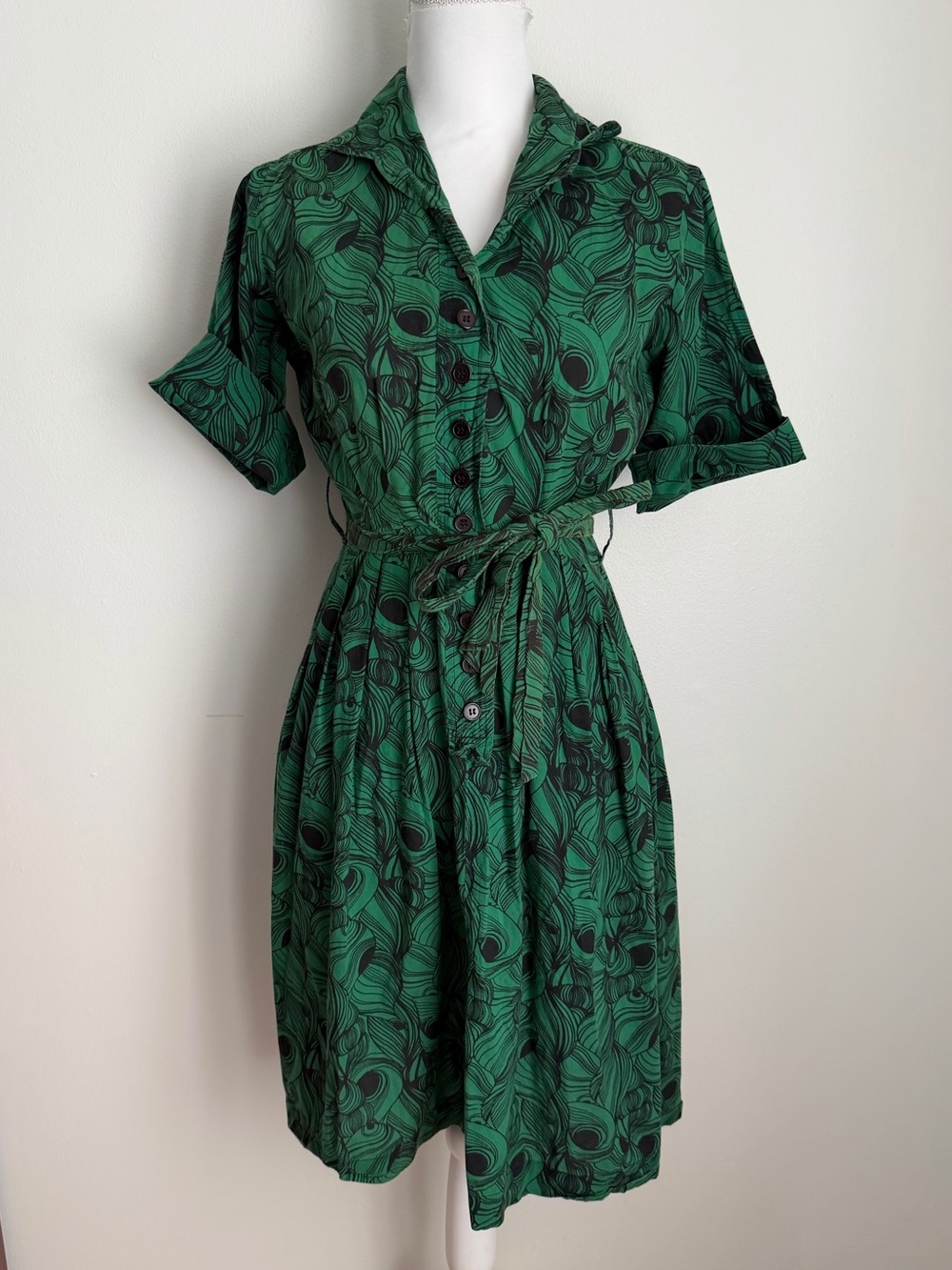 Ililanga Retro Green Print Cotton Midi Dress Size M